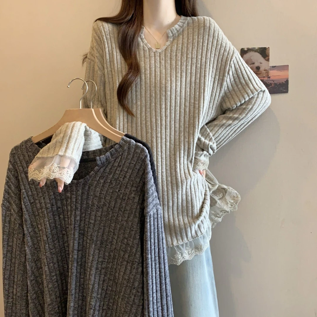 大码慵懒风蕾丝下摆V领长袖上衣女春季2025新款宽松时尚打底衫女