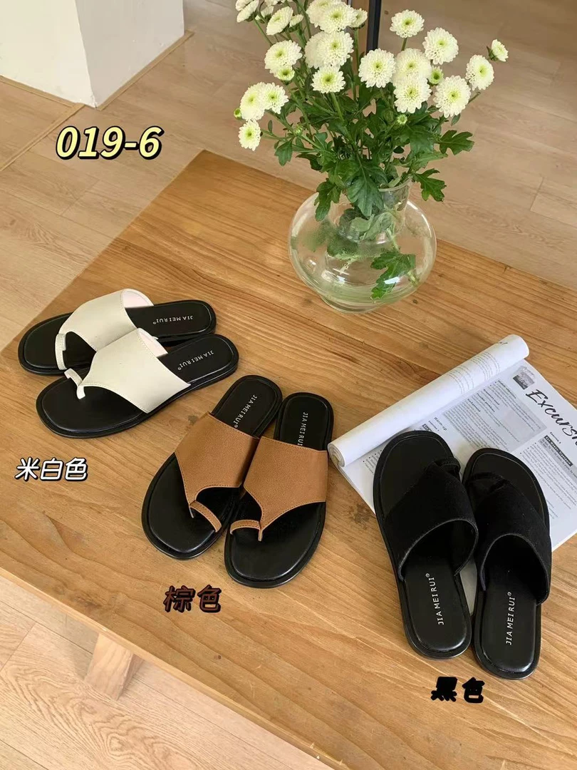 夏季薄款露趾019-6平底法式韩版一字拖棕色黑色防滑网红百搭舒适