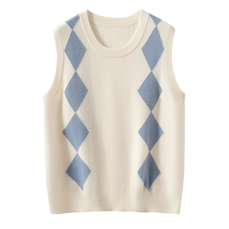 重磅拼色100纯山羊绒学院风圆领无袖套头针织马甲上衣女RYD