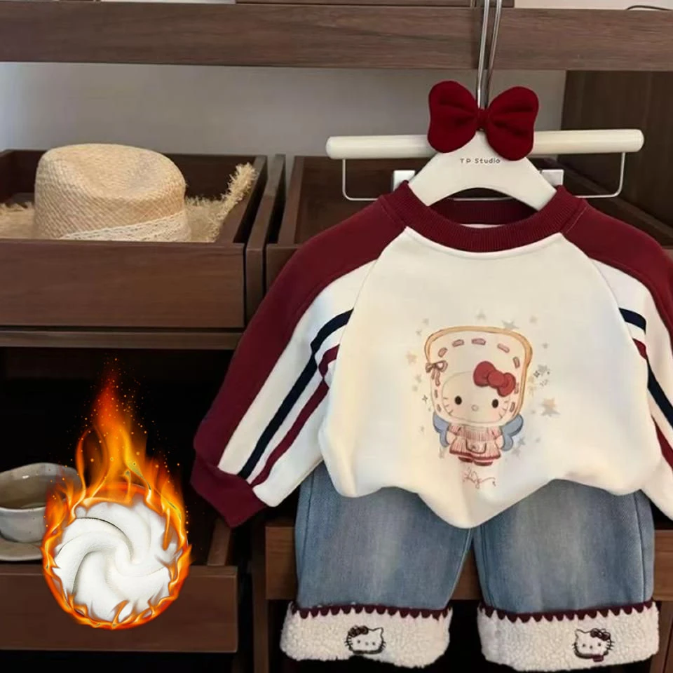 韩系女宝宝加绒kt卫衣卷边毛毛直筒洋气牛仔裤套装