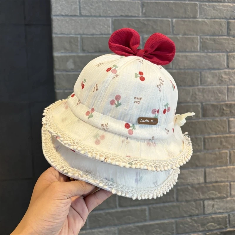 韩版女童渔夫帽秋冬季蝴蝶结蕾丝渔夫帽洋气宝宝遮阳帽可调节盆帽