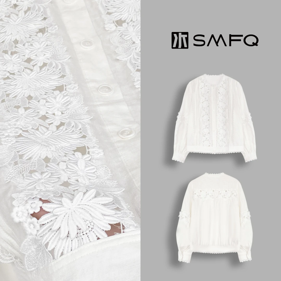 水木夫妻”花间令“100%亚麻满幅蕾丝花春季法式百搭衬衫女SMGD0240