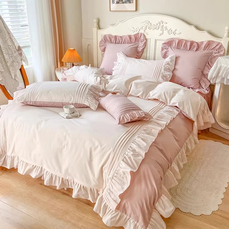 纯色粉色时尚床品四件套磨毛被套单被床品套件韩式公主风床裙被套