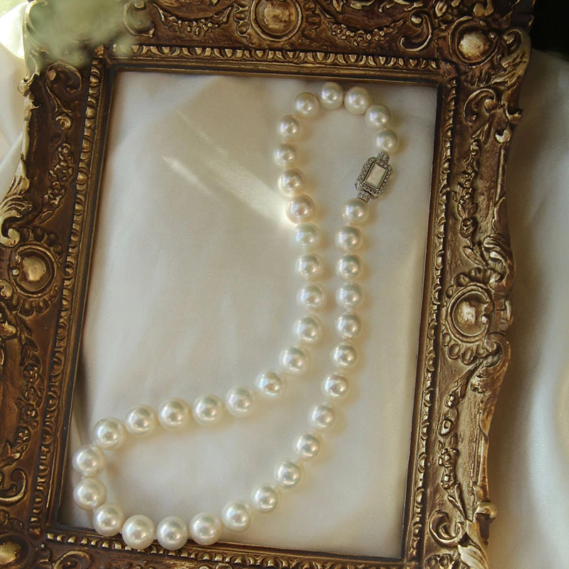 T 青花瓷 高品质大珍珠项链满串约10-12mm S925银 冷白青粉色伴彩