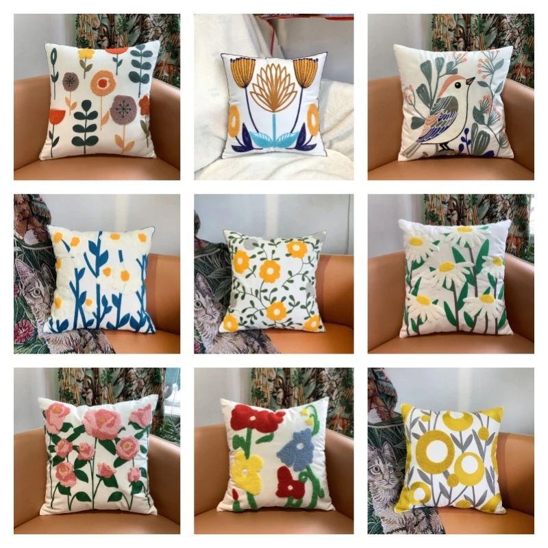 新款帆布毛巾绣花抱枕套田园家居风格客厅沙发装饰靠垫护腰枕