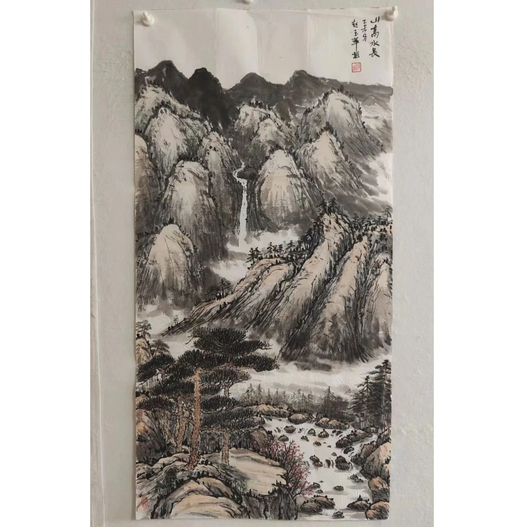 1037 纯手绘老字画《山高水长》中堂  尺寸  137×68