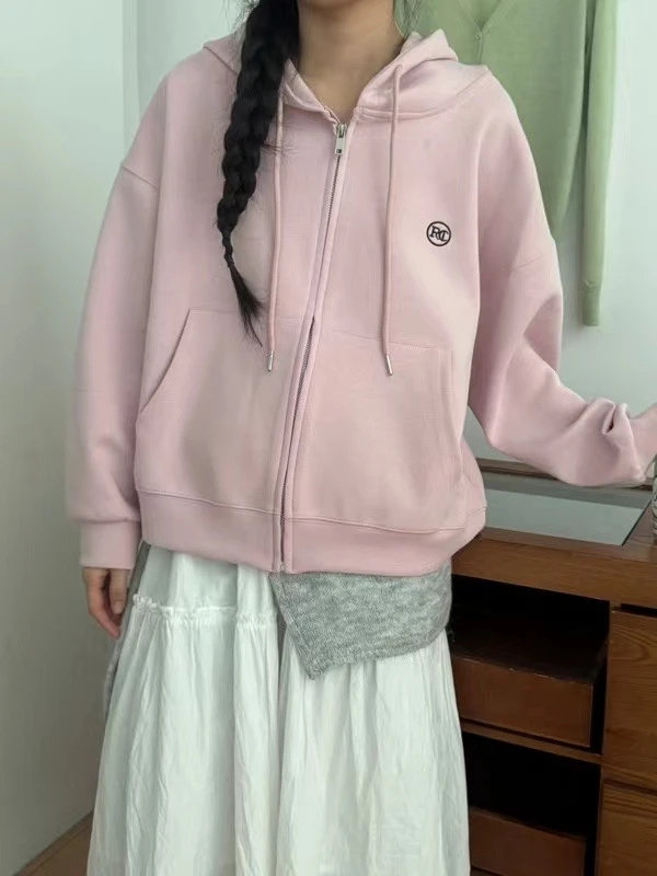 版型超正~明媚小女孩必备！宽松连帽卫衣女拉链卫衣开衫外套7053