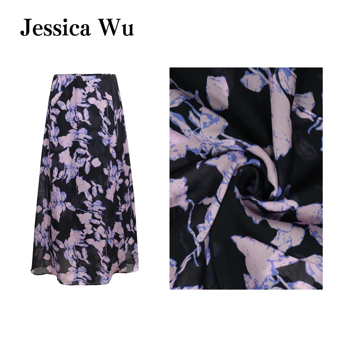 JESSICA WU优雅花影~松弛浪漫重磅3层桑蚕丝印花轻盈垂坠半身裙