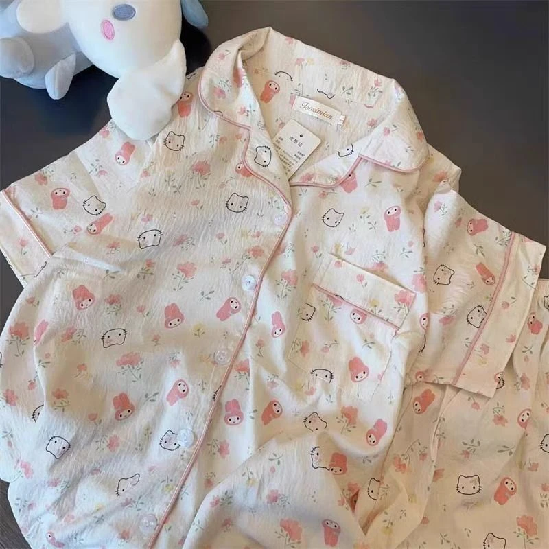 P杏色KT猫云朵棉睡衣春夏秋季女款爆款2025新款家居服套装短袖裤