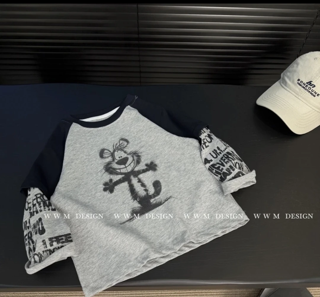 2025新款秋季儿童韩版拼接长袖T恤宝宝秋装休闲假两件宽松