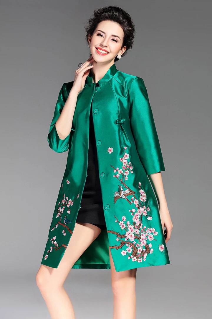 【古梵孜】风衣夏姿风丝毛复古时尚绿色中式修身气质外套中长款秋季