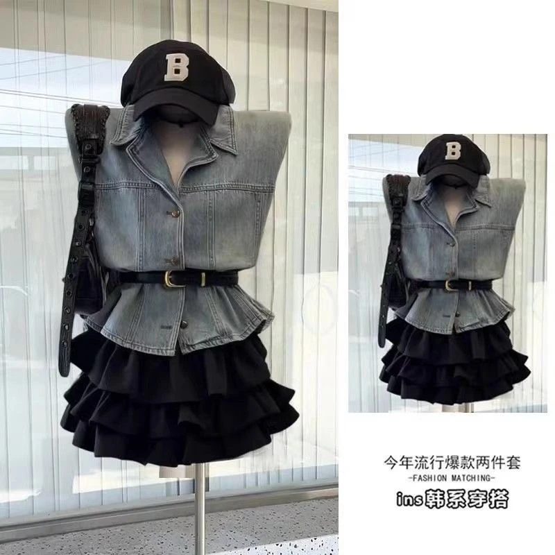 小鑫【牛仔爱好者】韩里韩气减龄复古牛仔上衣半身裙夏季穿搭