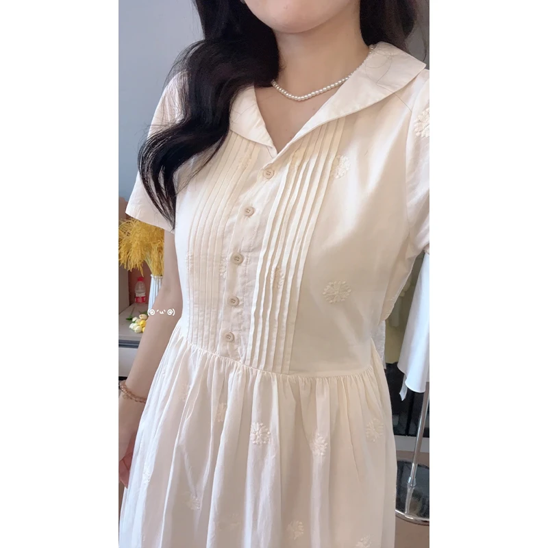 甜美出圈！白色翻领纯棉刺绣连衣裙夏季设计感收腰时尚显瘦女装