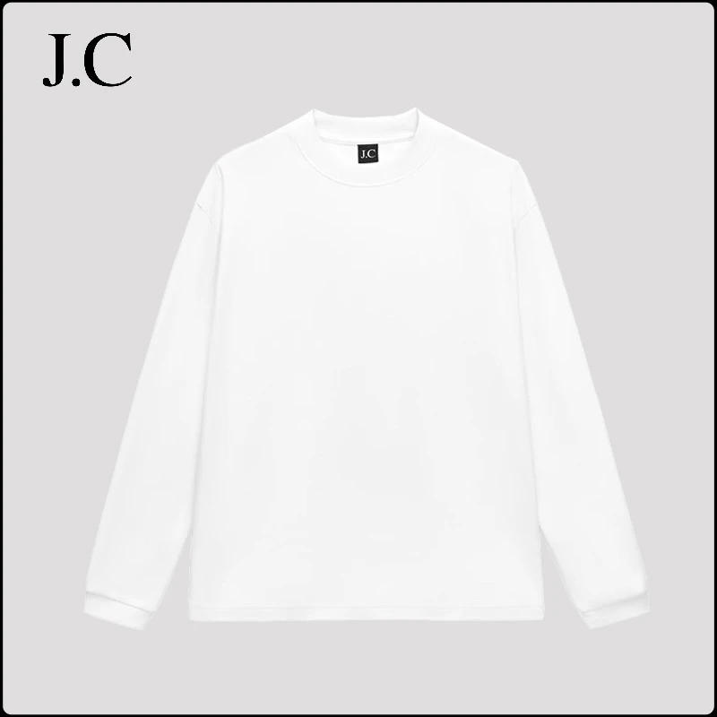 JC简裁秋冬新款纯色百搭毛巾布330克宽松长袖T恤打底衫上衣男女款