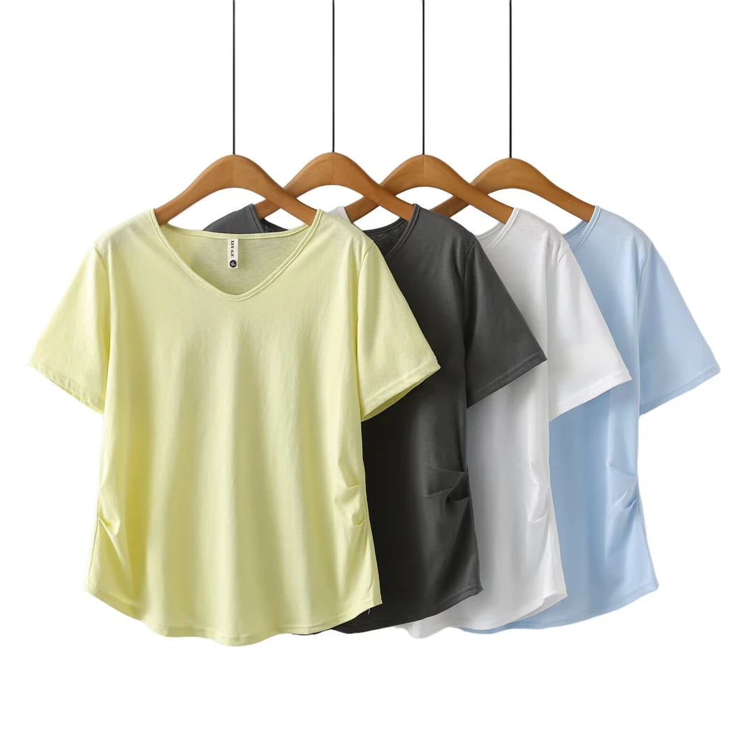 JIANAOBEN/简澳本大码洋气显瘦宽松设计感褶皱收腰V领百搭短袖T恤