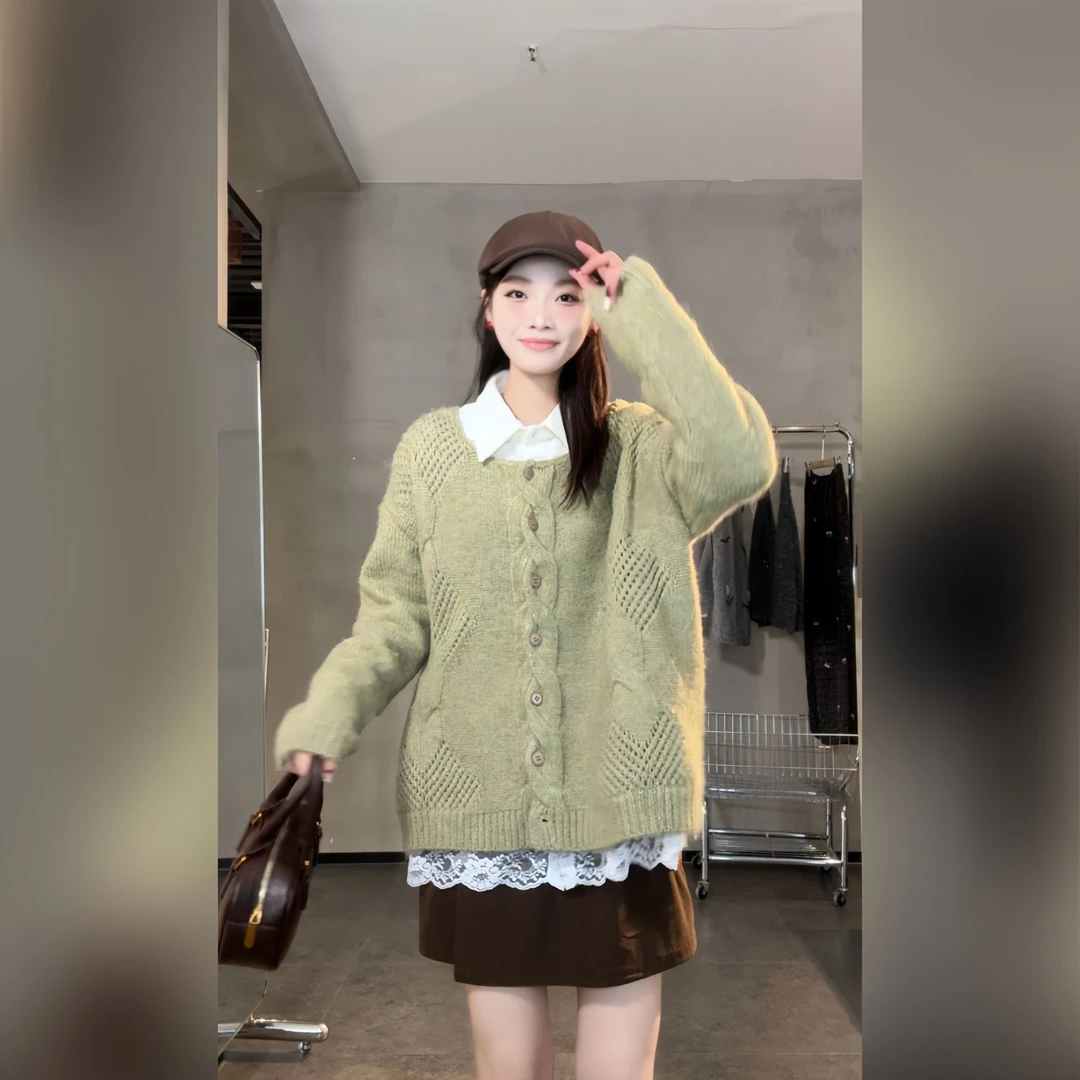 F50155毛衣【牛油果绿】秋冬慵懒软糯高级感宽松针织毛衣女