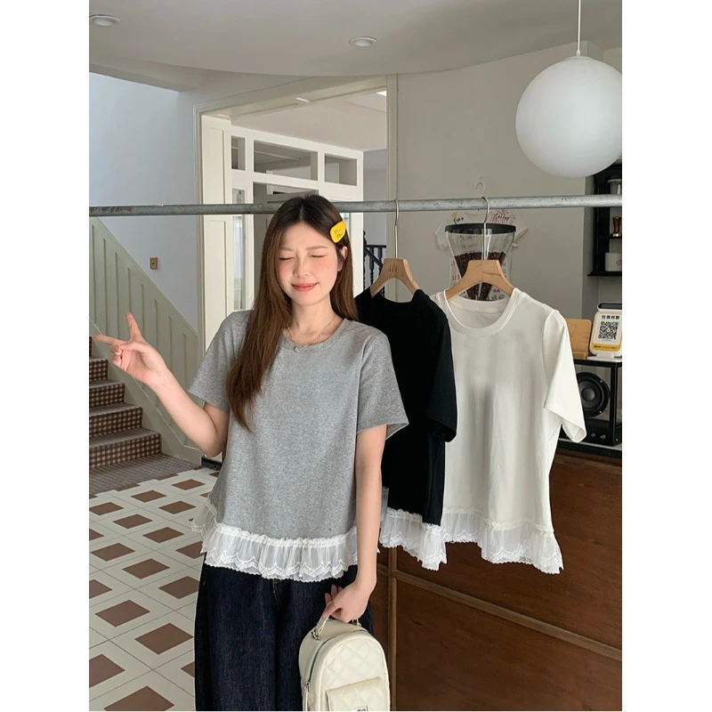 大尺码复古蕾丝短袖T恤女装夏季白色内搭正肩T恤胖MM遮肉显瘦上衣