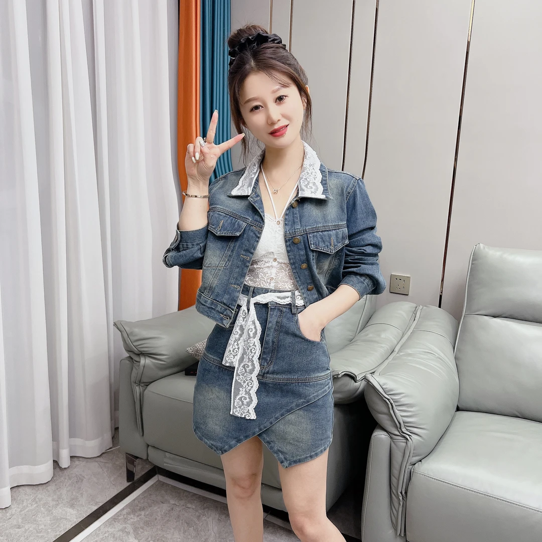 2025新款复古牛仔两件套修身时尚套装百搭春季时尚牛仔套装裙网红