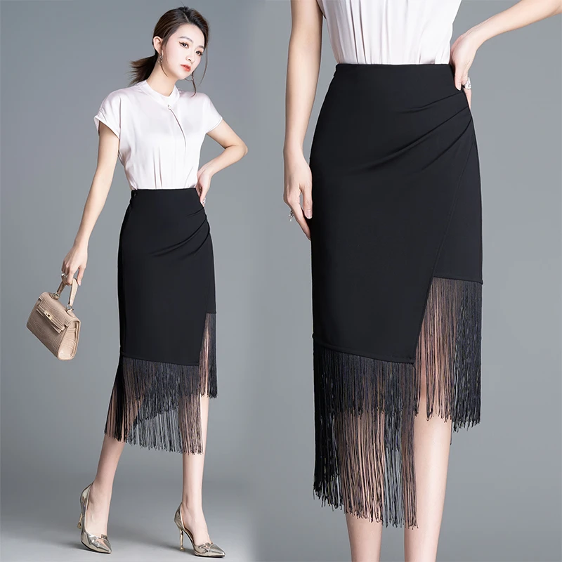 春夏不规则设计褶皱时尚显瘦拼接短裙流苏半身裙高腰一步裙中长款