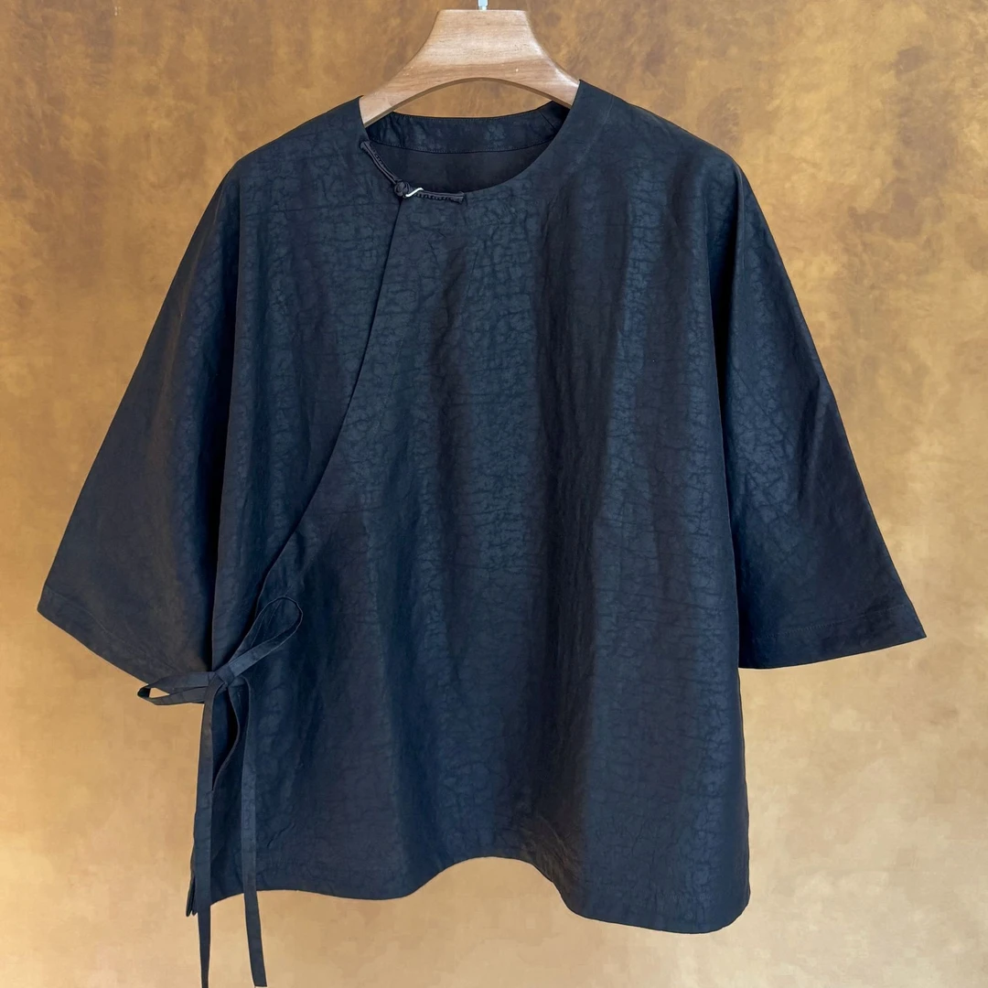 驷喜2025春夏新款新中式短款斜襟系带纯色香云纱小衫20326