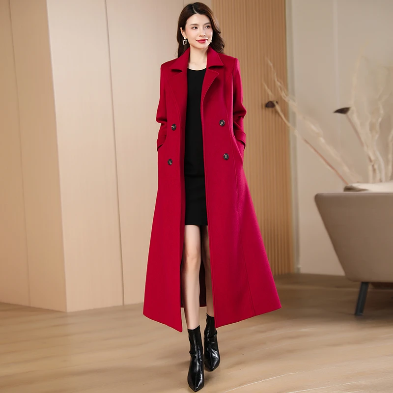 双排扣大衣气质秋冬收腰过膝毛呢大衣时尚长款冬季厚显瘦呢子外套