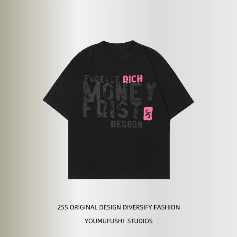 美式复古百搭街头字母印花小众短袖T恤男女宽松百搭情侣上衣