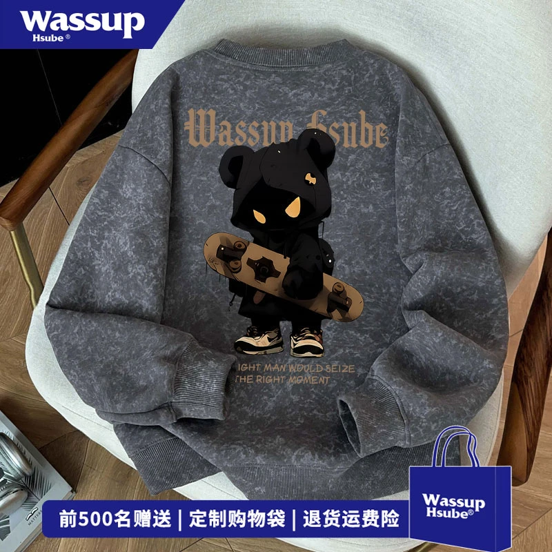 WASSUP HSUBE 暗黑风卡通图案印花圆领卫衣秋冬百搭重磅无帽上衣