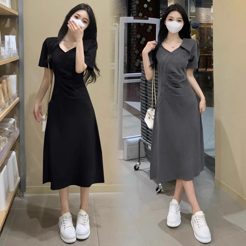 胖mm大码200斤设计感收腰连衣裙女夏季休闲宽松显瘦遮肚长裙子 潮