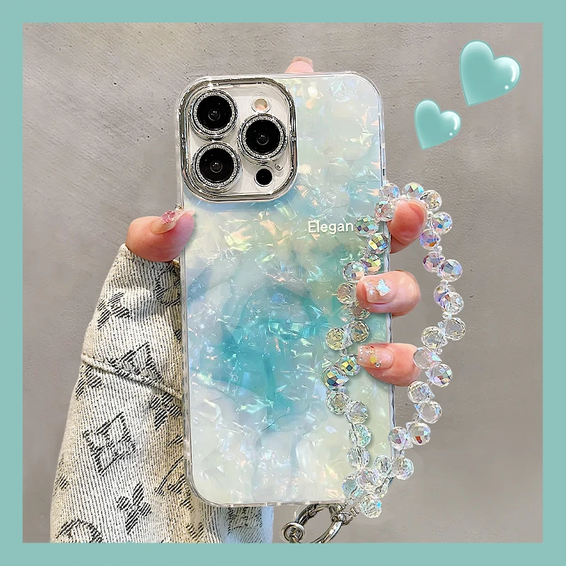晕染蓝手链适用苹果15vivo华为oppo小米iPhone16精孔贝壳纹手机壳