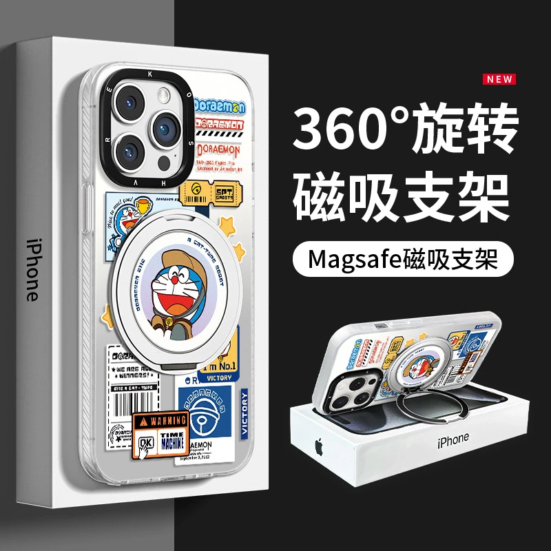 卡通哆啦旋转支架适用苹果13支点手机壳华为mate60pro可爱15全包