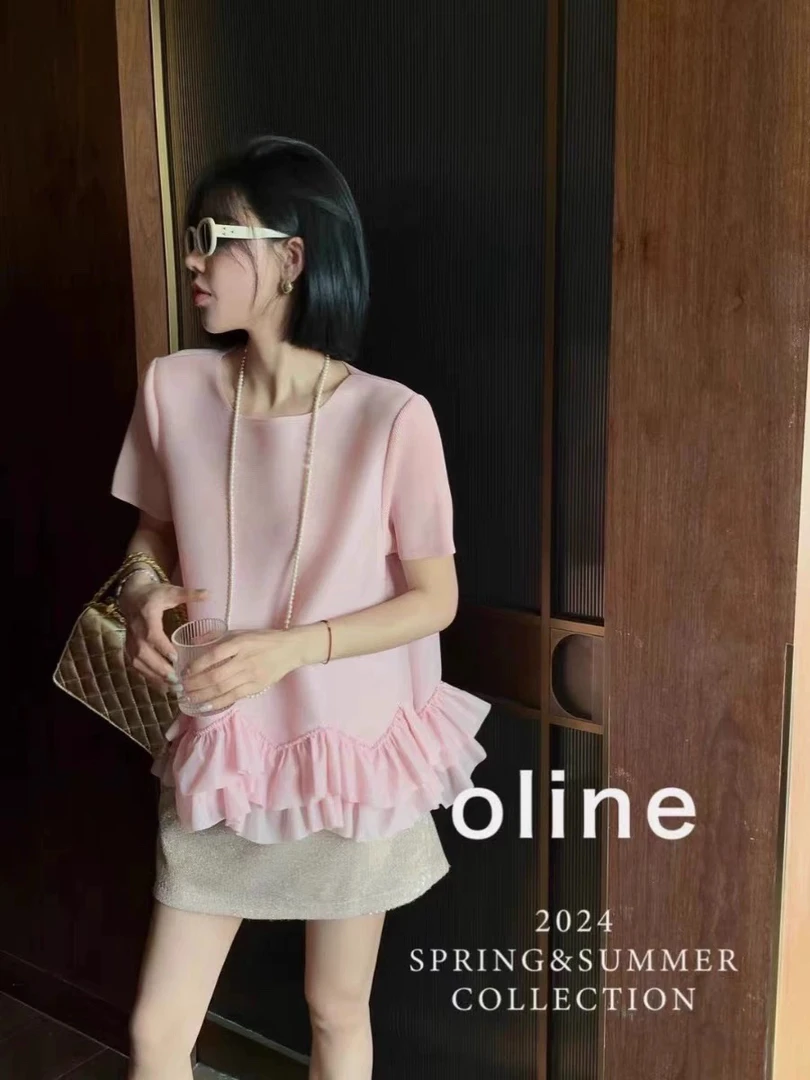 宽松型蕾丝公主风背心拼接纯色压皱洋气夏季白色T恤褶皱