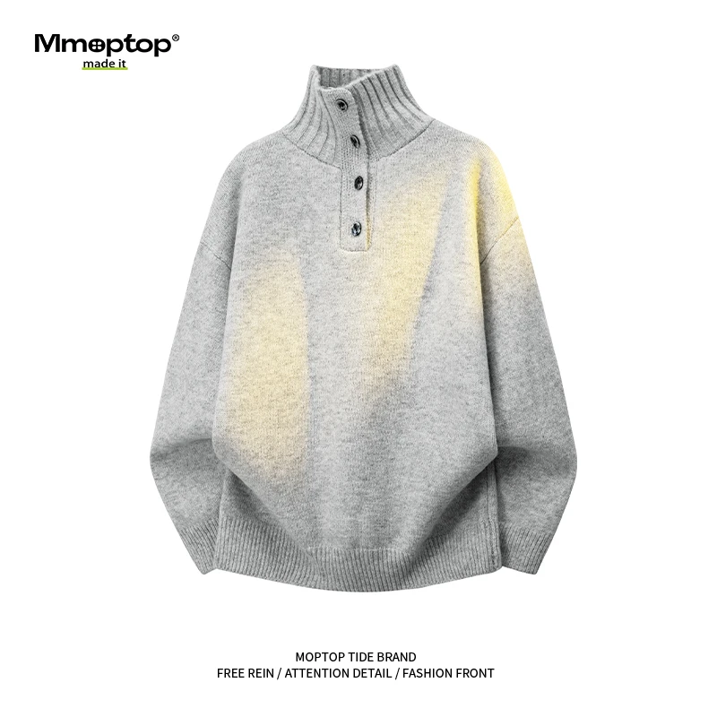 Mmoptop日系高领排扣潮牌针织衫男士秋冬季宽松保暖纯色打底毛衣