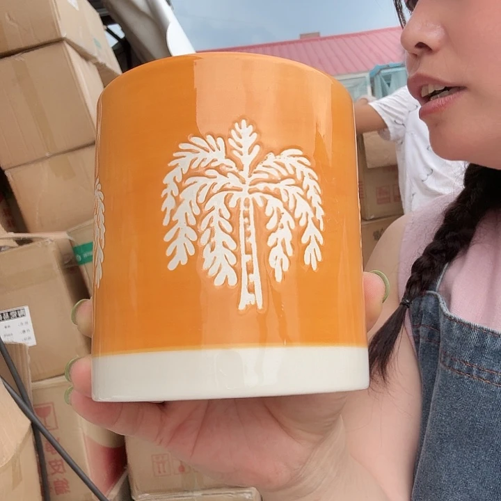 外贸尾单高温陶瓷微瑕椰树罐子黄色