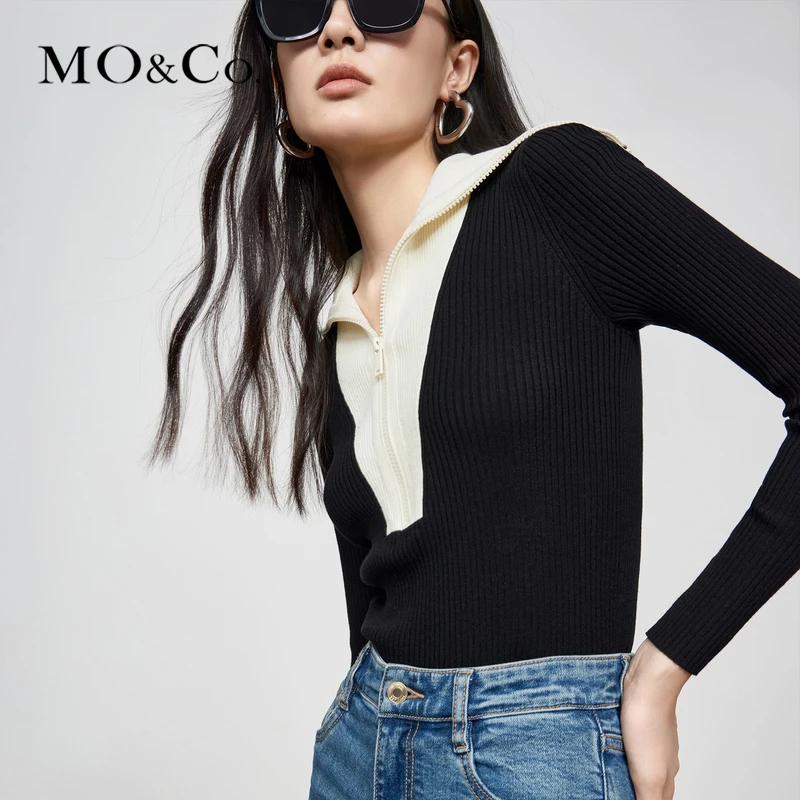 【达人专属】MOCO秋季黑白撞色拉链大翻领修身针织衫MBC3SWTT25
