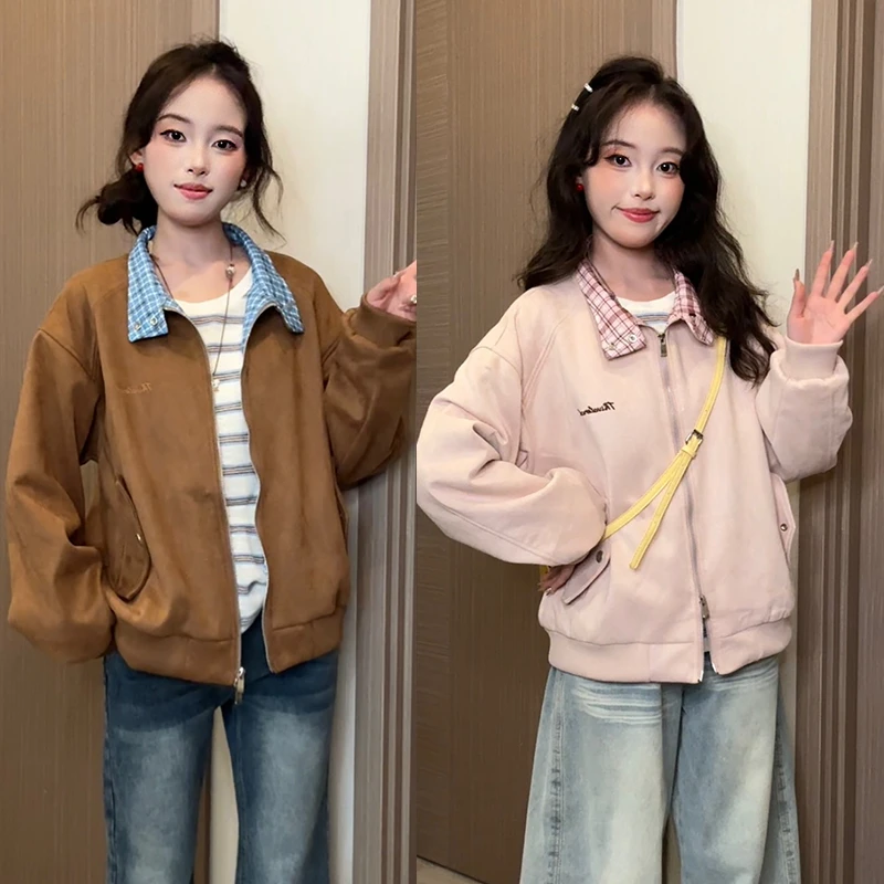 格子拼接麂皮绒外套女款秋季350G空气层棒球服休闲夹克