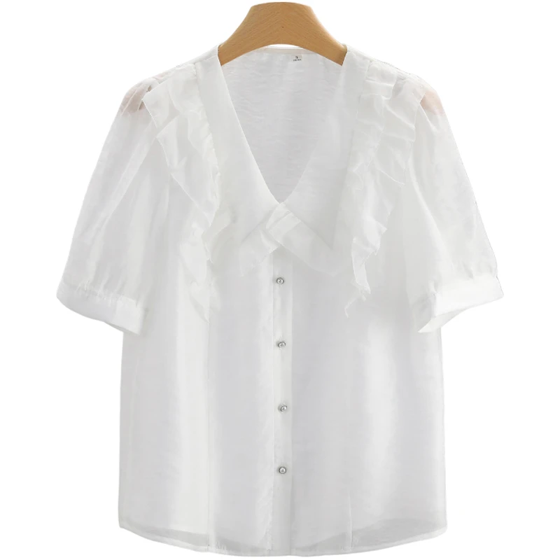 F304-伍莎服饰云仓【魔】翻领白色衬衫短袖衬衣#ZMM56S024