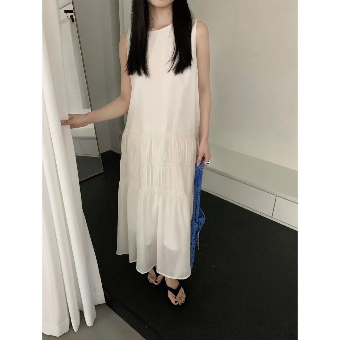 法式高级感减龄褶皱无袖背心裙夏季通勤简约显瘦连衣裙2181#0.12