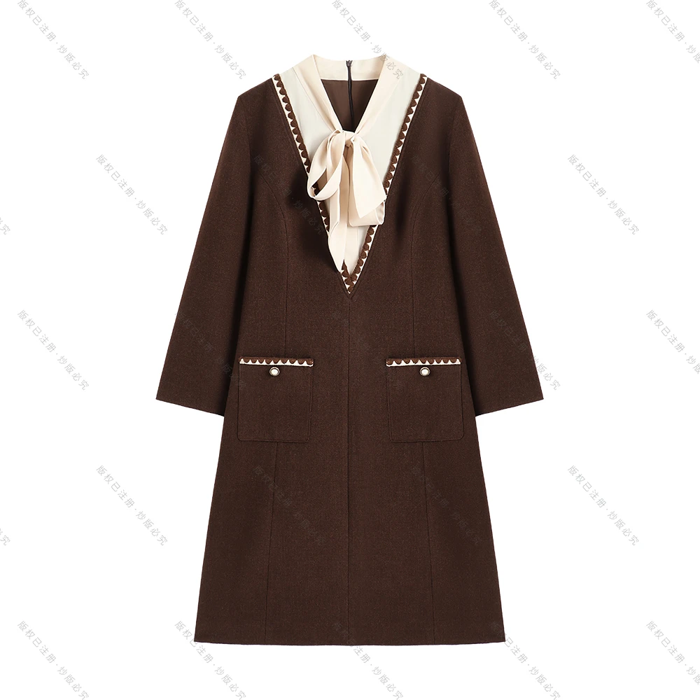 【南油虹姐】秋季新款赫本风撞色毛呢轻奢时尚百搭气质显瘦连衣裙