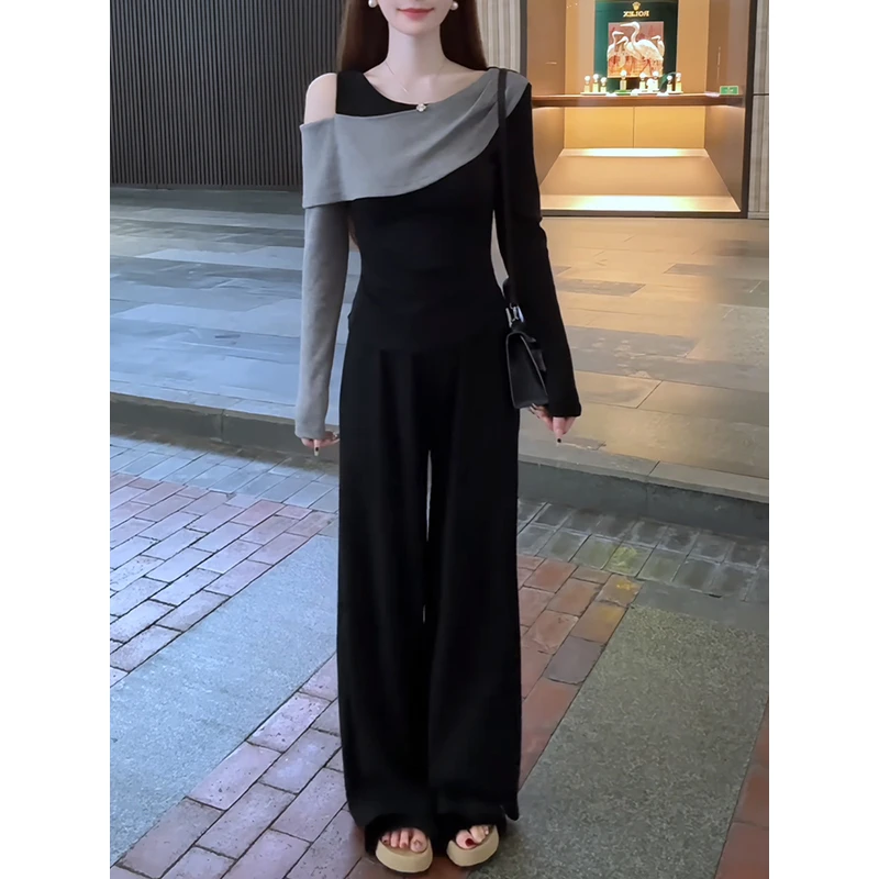 早秋漂亮韩系小套装2025新款拼接露肩上衣+高腰直筒长裤两件套装