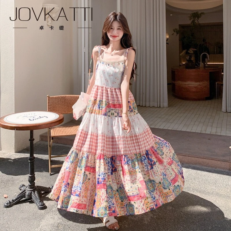 Jovkatti2025夏季新款减龄感甜美拼接连衣裙时髦设计感格子印花