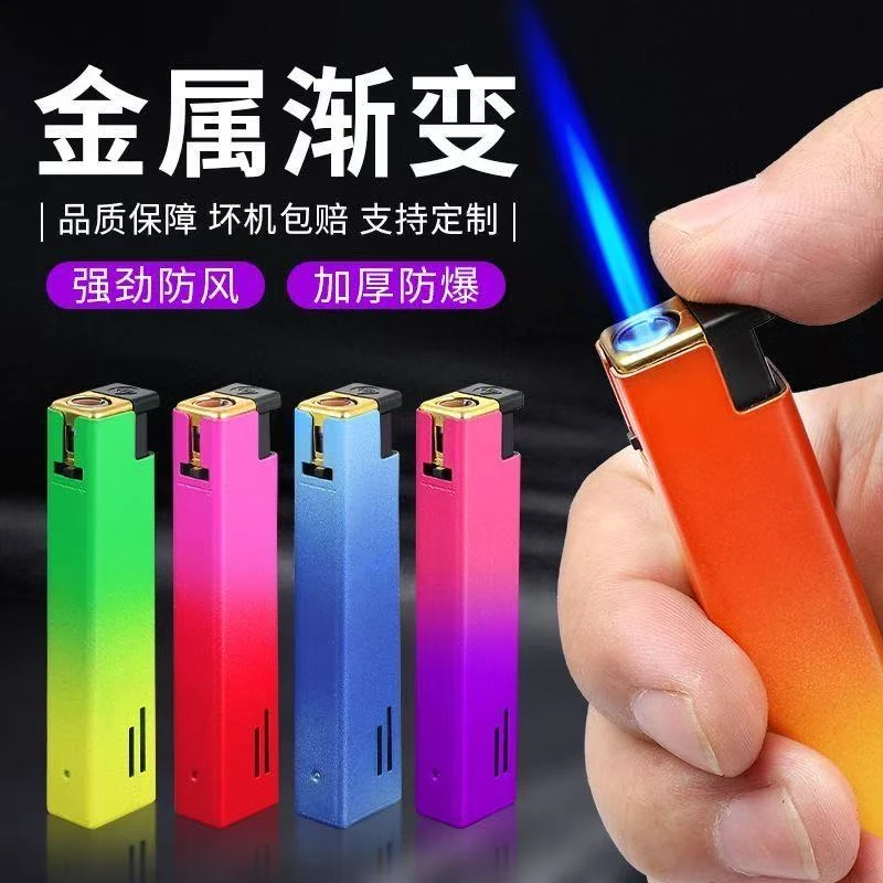 新款时尚方形金属蓝焰直冲防风打火机零售批发个性简约充气打火机