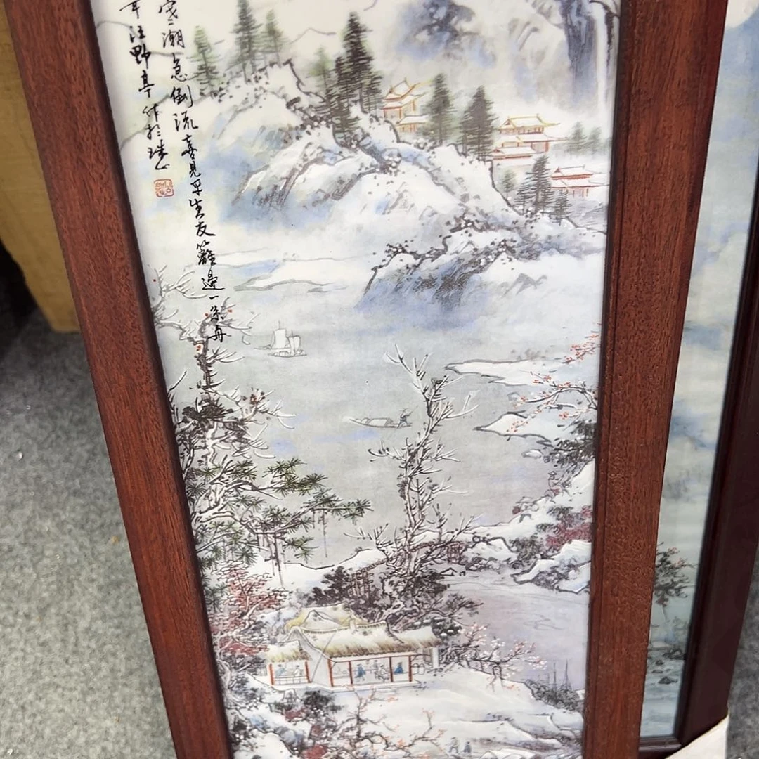 瓷片粉彩山水雪景