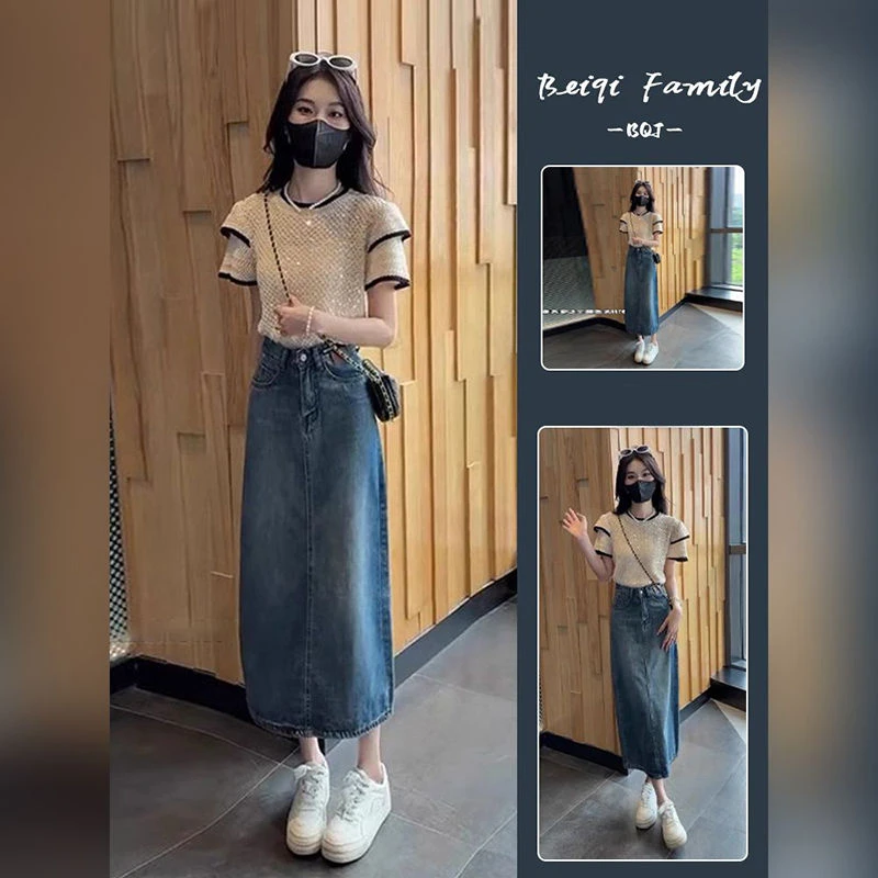 夏季搭配一整套2025年新款流行漂亮减龄短袖上衣牛仔半身裙两件套