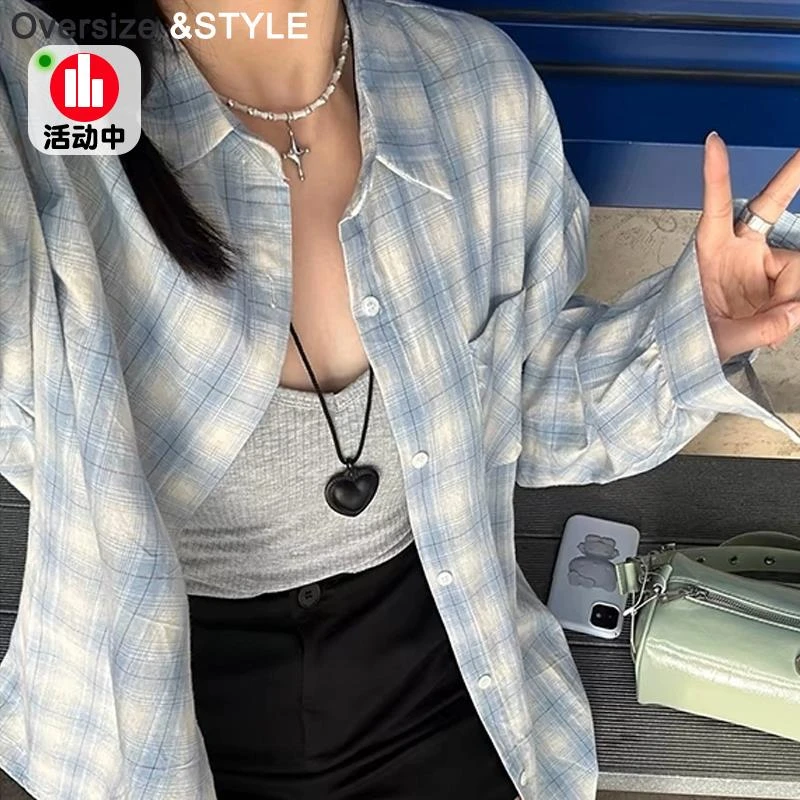 特大码蓝色纯棉格子衬衫外套女夏季新款慵懒风松弛感防晒衬衣上衣