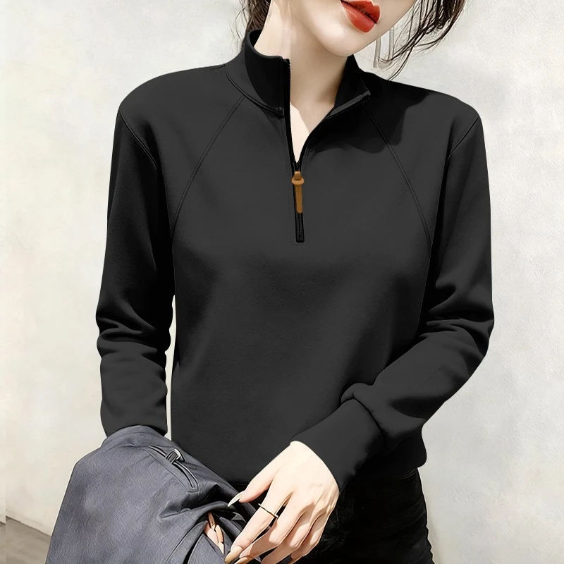 高端欧货半高领双面德绒卫衣女秋冬季新款半拉链保暖内搭打底衫潮