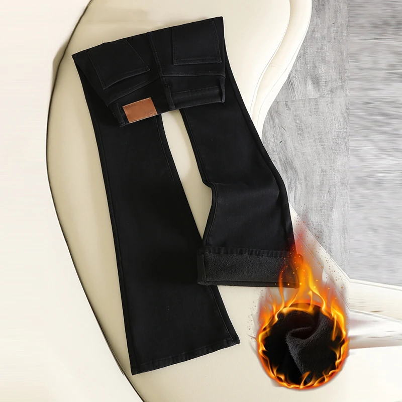 黑色微喇牛仔裤女加绒2025秋冬新款显瘦弹力小个子九分喇叭马蹄裤