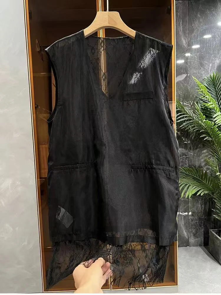 【大qian】v领蕾丝拼接假两件T恤