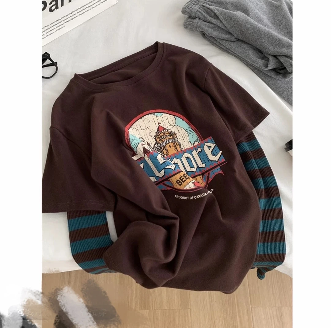 【冯七七】8509条纹设计款假两件打底衫