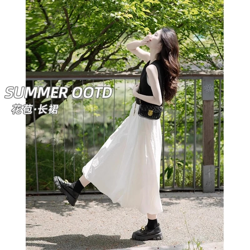 气质蓬蓬花苞裙女2025慵懒感夏季宽松休闲系带半身裙中长a字伞裙