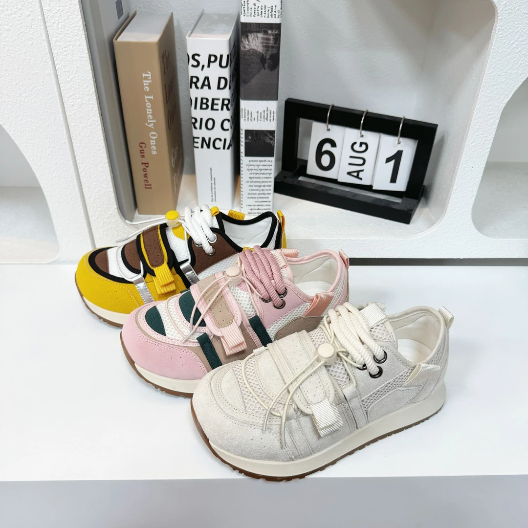 KC882丑萌网面拼接厚底运动女鞋2025春季新款系带休闲面包阿甘鞋